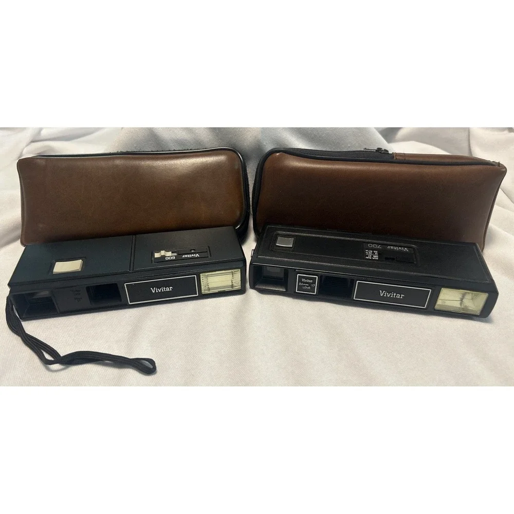 Vivitar 600 and 700 Vintage 110 Film Pocket Cameras with Brown Cases Lot of 2